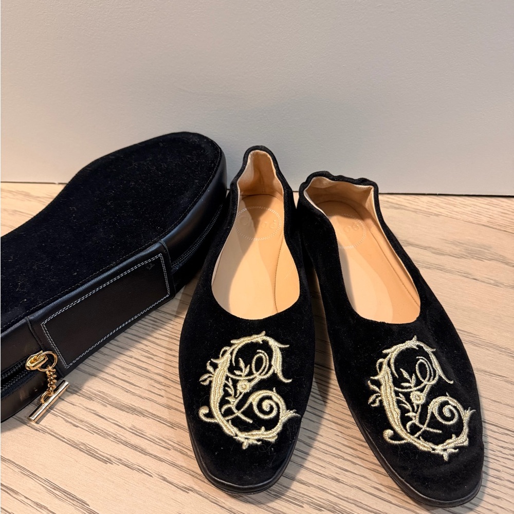 Chloe Black and Gold Embroidered Flats